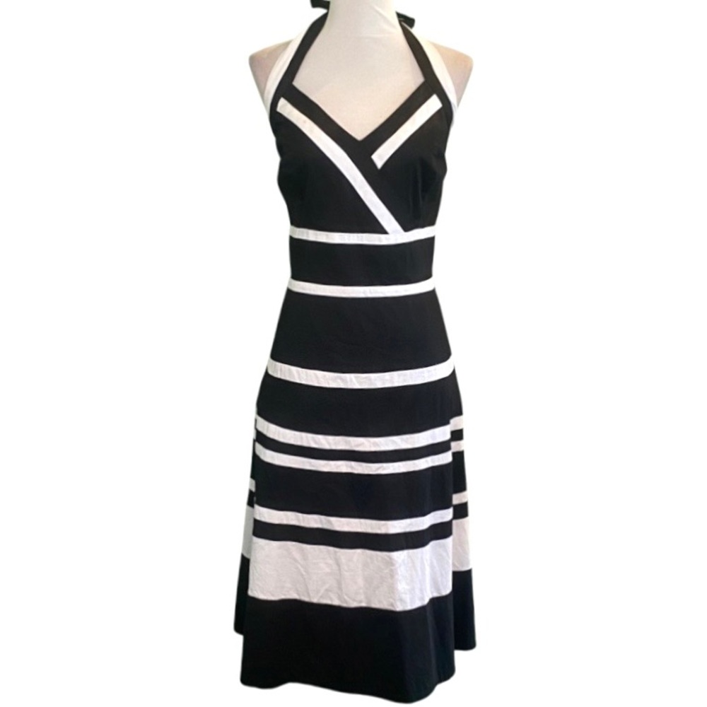 White House Black Market Halter Faux Wrap Striped Black-White Flare Dress Sz 14